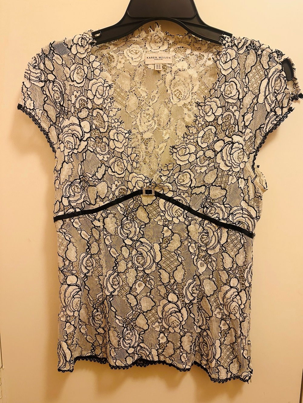 Karen Millen Black and Cream Floral Lace Cap-Sleeve Top